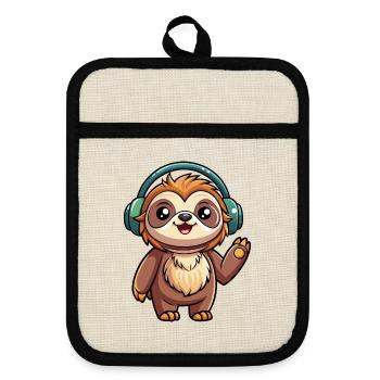 Sloth Funny Cartoon Character Headphone Music - Pot holders with rubber back - linen/black  - Front