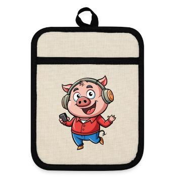 Schwein Lustige Zeichentrickfigur Kopfhörer Musik - Topflappen mit Gummirückseite - Leinen/Schwarz  - Vorne