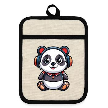 Panda Drôle Dessin Animé Personnage Casque Musique - Maniques avec dos en caoutchouc - lin/noir  - Devant