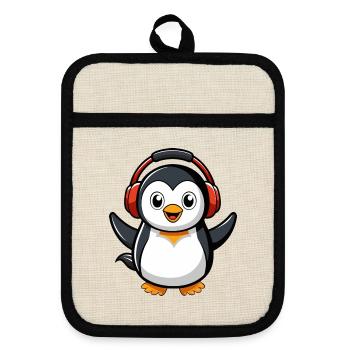 Pinguin Lustige Zeichentrickfigur Kopfhörermusik - Topflappen mit Gummirückseite - Leinen/Schwarz  - Vorne