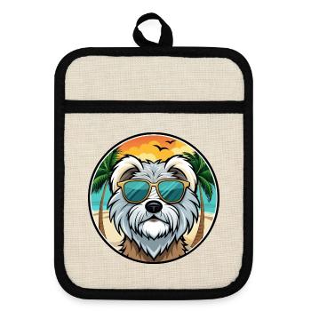 Tibet Terrier Hund Rasse Cartoon Sonnenbrille Strand - Topflappen mit Gummirückseite - Leinen/Schwarz  - Vorne