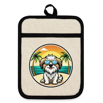 Tibetische Kyi Apso Hunderasse Cartoon Sonnenbrille Strand - Topflappen mit Gummirückseite - Leinen/Schwarz  - Vorne