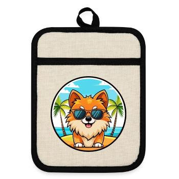 Pomeranian German Spitz Dog Breed Cartoon Beach - Pot holders with rubber back - linen/black  - Front