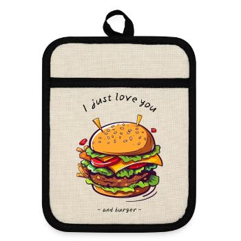 i love u and burger - Topflappen mit Gummirückseite - Leinen/Schwarz  - Vorne