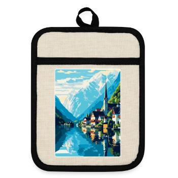 Hallstatt Lake Austria Vintage Travel Poster WPA - Pot holders with rubber back - linen/black  - Front
