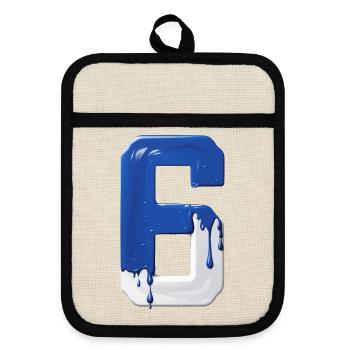 NO. 6 NUMBER 6 BLUE WHITE 6TH BIRTHDAY - Pot holders with rubber back - linen/black  - Front