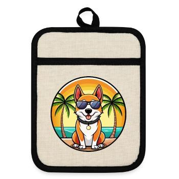 Japanischer Terrier Hund Rasse Cartoon Sonnenbrille Strand - Topflappen mit Gummirückseite - Leinen/Schwarz  - Vorne