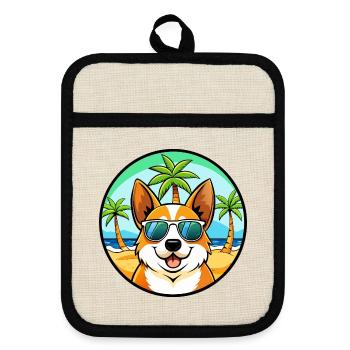 Corgi Hund Rasse Cartoon Sonnenbrille Strand - Topflappen mit Gummirückseite - Leinen/Schwarz  - Vorne