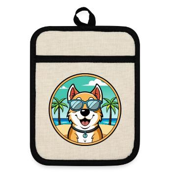Central Asian Shepherd Dog Breed Cartoon Beach - Pot holders with rubber back - linen/black  - Front
