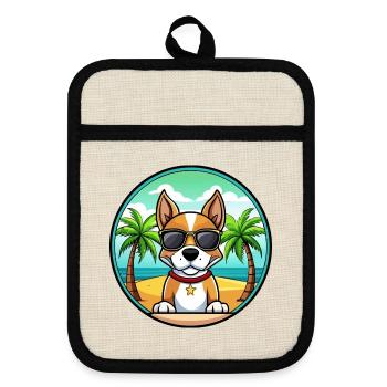 Brazilian Terrier Dog Breed Cartoon Sunglass Beach - Pot holders with rubber back - linen/black  - Front