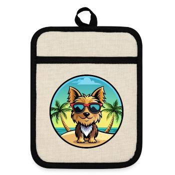Yorkshire Terrier Dog Breed Cartoon Sunglass Beach - Pot holders with rubber back - linen/black  - Front