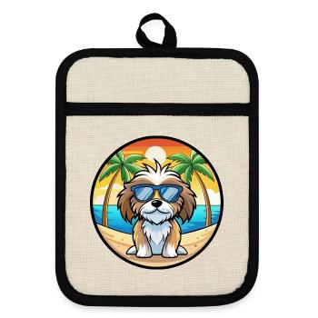 Tibetische Kyi Apso Hunderasse Cartoon Sonnenbrille Strand - Topflappen mit Gummirückseite - Leinen/Schwarz  - Vorne