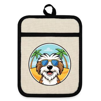 Tibet Terrier Hund Rasse Cartoon Sonnenbrille Strand - Topflappen mit Gummirückseite - Leinen/Schwarz  - Vorne