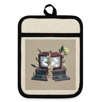 Computer mit Blumen - Natur überwältigt Technik - Topflappen mit Gummirückseite - Leinen/Schwarz  - Vorne