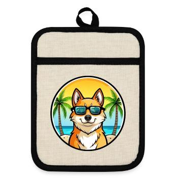 Finnischer Spitz Hund Rasse Cartoon Sonnenbrille Strand - Topflappen mit Gummirückseite - Leinen/Schwarz  - Vorne