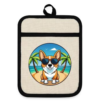 Strickjacke Welsh Corgi Hund Rasse Cartoon Sonnenbrille - Topflappen mit Gummirückseite - Leinen/Schwarz  - Vorne