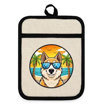 Central Asian Shepherd Dog Breed Cartoon Beach - Pot holders with rubber back - linen/black  - Front