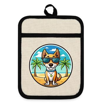 Brazilian Terrier Dog Breed Cartoon Sunglass Beach - Pot holders with rubber back - linen/black  - Front