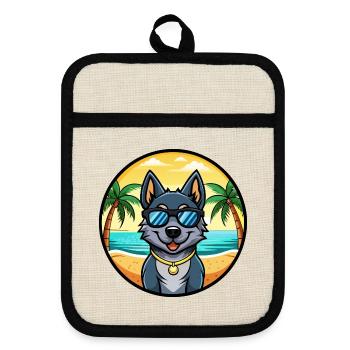 Black Norwegian Elkhound Dog Breed Cartoon Beach - Pot holders with rubber back - linen/black  - Front