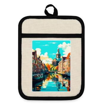 Leiden Niederlande Vintage Reiseplakat Souvenir - Topflappen mit Gummirückseite - Leinen/Schwarz  - Vorne