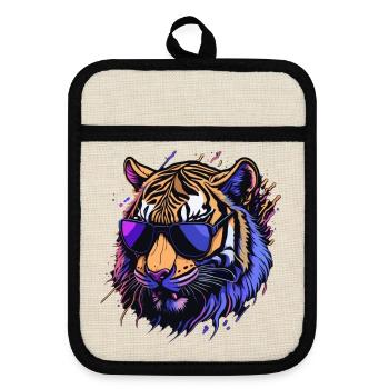 Retro cool tiger head - Pot holders with rubber back - linen/black  - Front