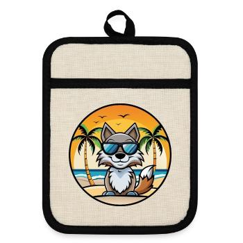 Wolf Lustige Cartoon Sommer Strand Sonnenbrille Aufkleber - Topflappen mit Gummirückseite - Leinen/Schwarz  - Vorne