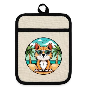 German Longhair Cat Breed Cartoon Sunglasses Beach - Pot holders with rubber back - linen/black  - Front