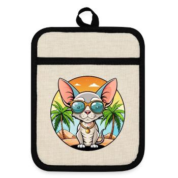 Devon Rex Katzenrasse Cartoon Sonnenbrille Strand - Topflappen mit Gummirückseite - Leinen/Schwarz  - Vorne