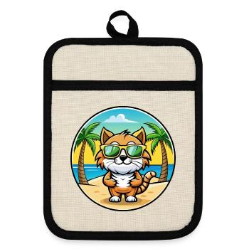Kurilian Bobtail Cat Breed Cartoon Sunglass Beach - Maniques avec dos en caoutchouc - lin/noir  - Devant