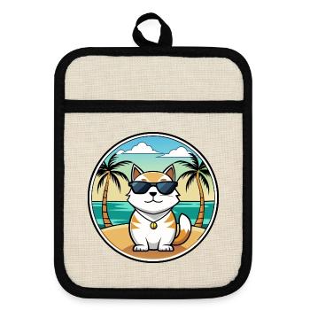 Japanese Bobtail Cat Breed Cartoon Sunglass Beach - Pot holders with rubber back - linen/black  - Front