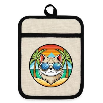 British Longhair Cat Breed Cartoon Sunglass Beach - Pot holders with rubber back - linen/black  - Front