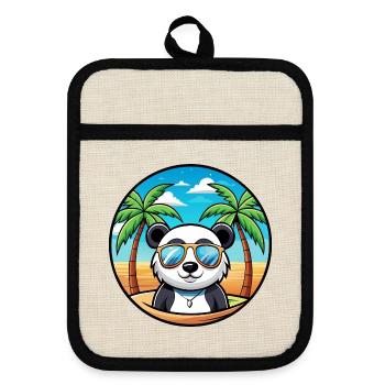 Panda Lustige Cartoon Sommer Strand Sonnenbrille Cool - Topflappen mit Gummirückseite - Leinen/Schwarz  - Vorne