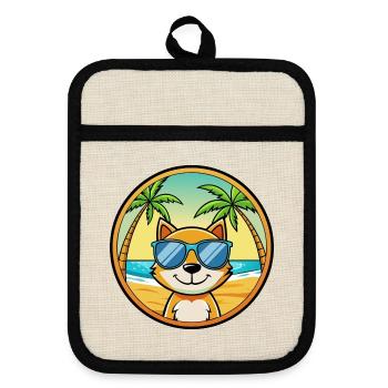 Katze Lustige Cartoon Sommer Strand Sonnenbrille Aufkleber - Topflappen mit Gummirückseite - Leinen/Schwarz  - Vorne