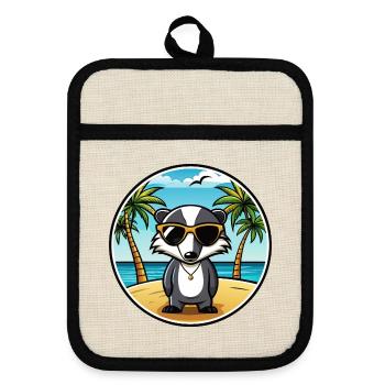 Dachs Lustige Cartoon Sommer Strand Sonnenbrille Cool - Topflappen mit Gummirückseite - Leinen/Schwarz  - Vorne