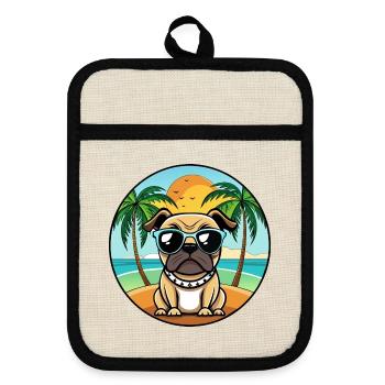 Mops Hund Lustig Cartoon Sommer Strand Sonnenbrille Cool - Topflappen mit Gummirückseite - Leinen/Schwarz  - Vorne