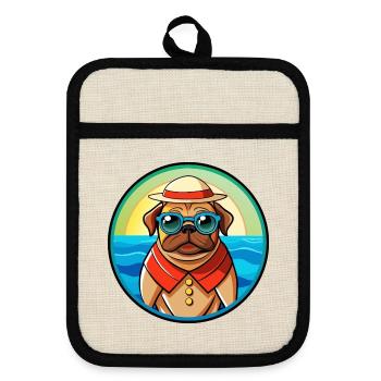 Mops Hund Lustig Cartoon Sommer Strand Sonnenbrille Cool - Topflappen mit Gummirückseite - Leinen/Schwarz  - Vorne