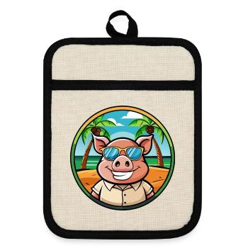 Schwein lustige Cartoon Sommer Strand Sonnenbrille Aufkleber - Topflappen mit Gummirückseite - Leinen/Schwarz  - Vorne