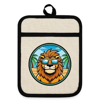 Lion Funny Cartoon Summer Beach Sunglasses Sticker - Pot holders with rubber back - linen/black  - Front
