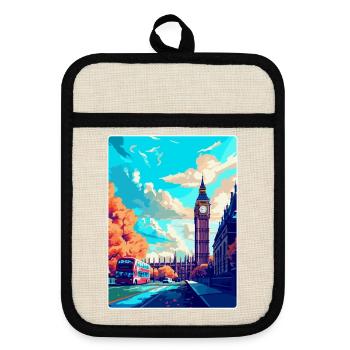 Londres, Angleterre, Royaume-Uni, Affiche de voyage vintage, Souvenir - Maniques avec dos en caoutchouc - lin/noir  - Devant