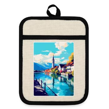 Thun Schweiz Vintage Reiseplakat Souvenir - Topflappen mit Gummirückseite - Leinen/Schwarz  - Vorne