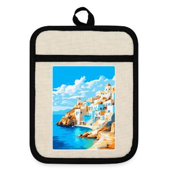 Karpathos Griechenland Vintage Reiseplakat Souvenir - Topflappen mit Gummirückseite - Leinen/Schwarz  - Vorne