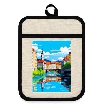 Ljubljana Slovénie Affiche de voyage vintage souvenir - Maniques avec dos en caoutchouc - lin/noir  - Devant
