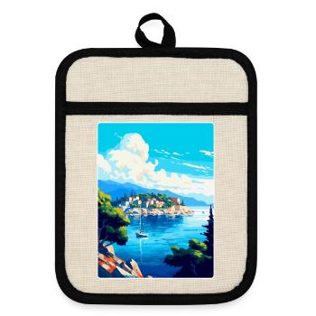 Insel Vis Kroatien Vintage Reiseplakat Souvenir - Topflappen mit Gummirückseite - Leinen/Schwarz  - Vorne