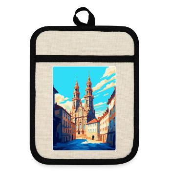 Santiago Spanien Vintage Reiseplakat Souvenir WPA - Topflappen mit Gummirückseite - Leinen/Schwarz  - Vorne