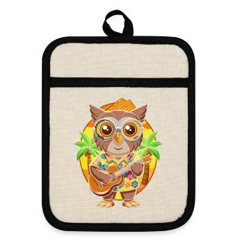 Lustige Eule Cartoon Sommer Strand Sonnenbrille Gitarre - Topflappen mit Gummirückseite - Leinen/Schwarz  - Vorne