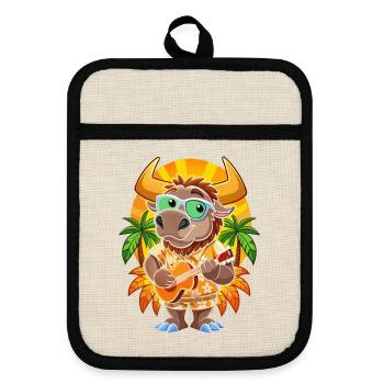 Lustige Bison Cartoon Sommer Strand Sonnenbrille Gitarre - Topflappen mit Gummirückseite - Leinen/Schwarz  - Vorne