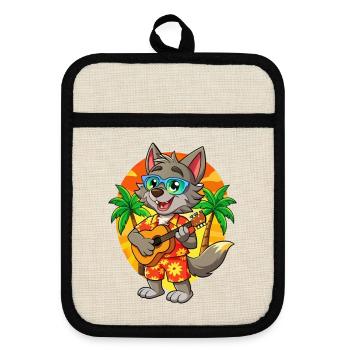 Lustige Wolf Cartoon Sommer Strand Sonnenbrille Gitarre - Topflappen mit Gummirückseite - Leinen/Schwarz  - Vorne