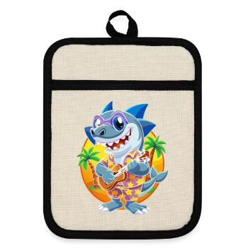 Lustige Hai Cartoon Sommer Strand Sonnenbrille Gitarre - Topflappen mit Gummirückseite - Leinen/Schwarz  - Vorne