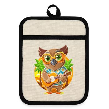 Lustige Eule Cartoon Sommer Strand Sonnenbrille Gitarre - Topflappen mit Gummirückseite - Leinen/Schwarz  - Vorne