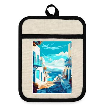 Mykonos Griechenland Vintage Reiseplakat Souvenir WPA - Topflappen mit Gummirückseite - Leinen/Schwarz  - Vorne